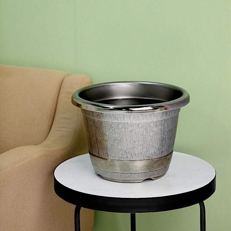 10 in tall Round Plastic Flower Plant Pot with Metallic Barrel Design