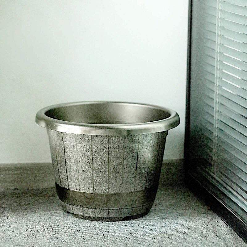 10 in tall Round Plastic Flower Plant Pot with Metallic Barrel Design