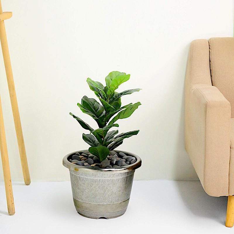 10 in tall Round Plastic Flower Plant Pot with Metallic Barrel Design