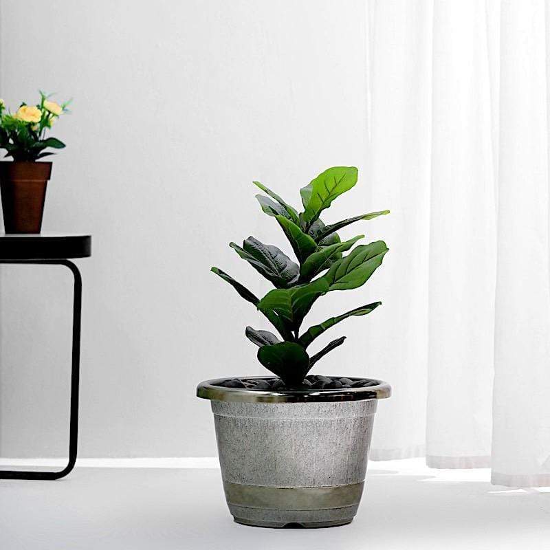 10 in tall Round Plastic Flower Plant Pot with Metallic Barrel Design