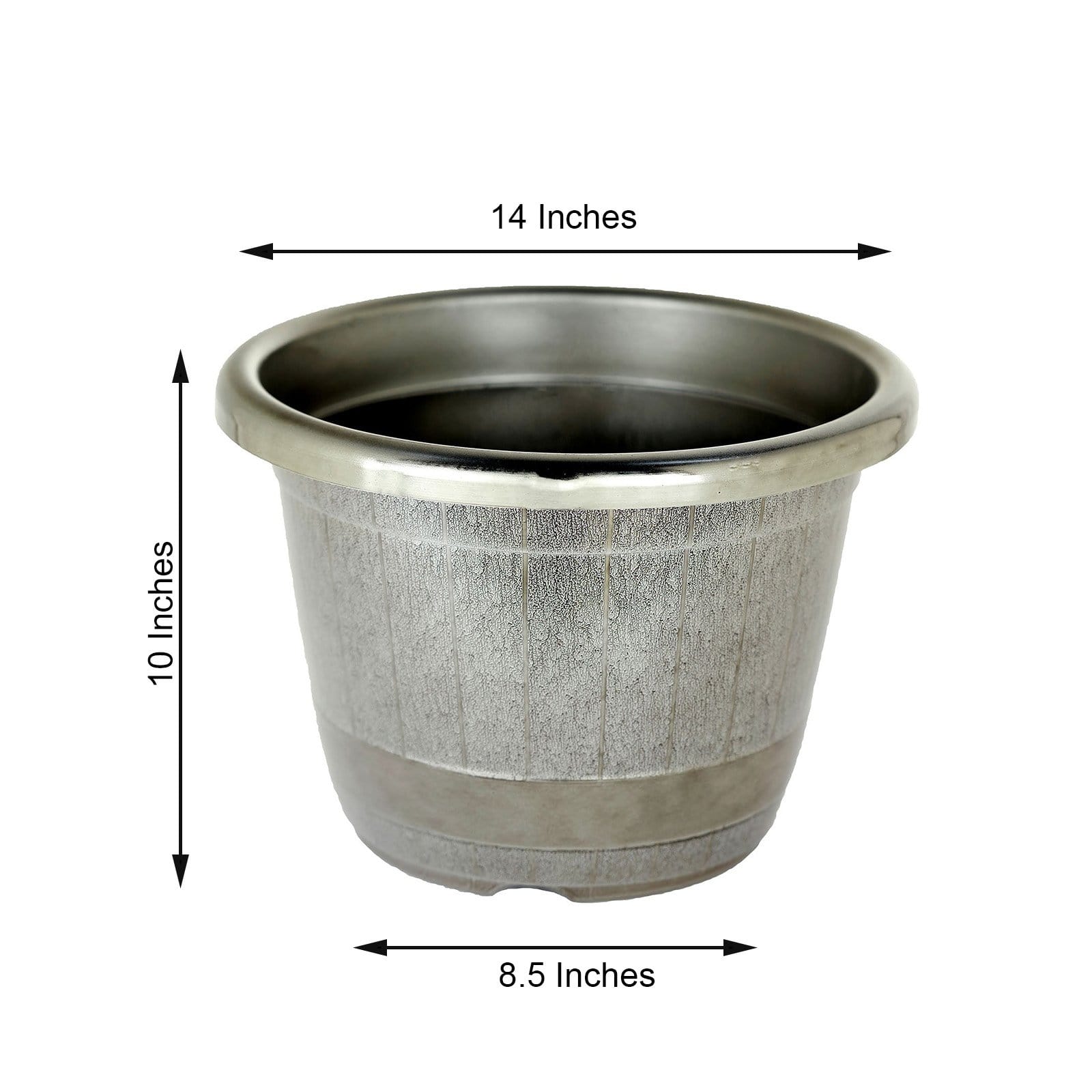 10 in tall Round Plastic Flower Plant Pot with Metallic Barrel Design