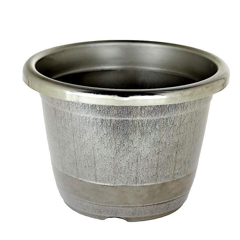 10 in tall Round Plastic Flower Plant Pot with Metallic Barrel Design