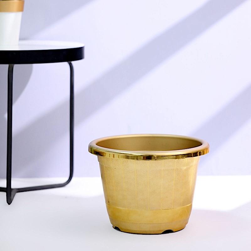 plastic planter pots for sale 10 in tall Round Plastic Flower Plant Pot Metallic Barrel Design Gold