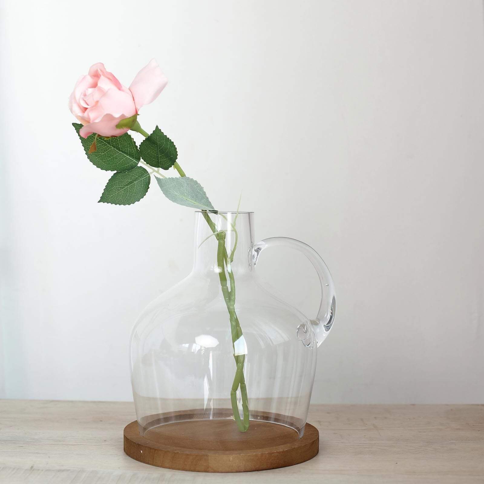 10 inch tall Jug with Wooden Base Clear Glass Vase