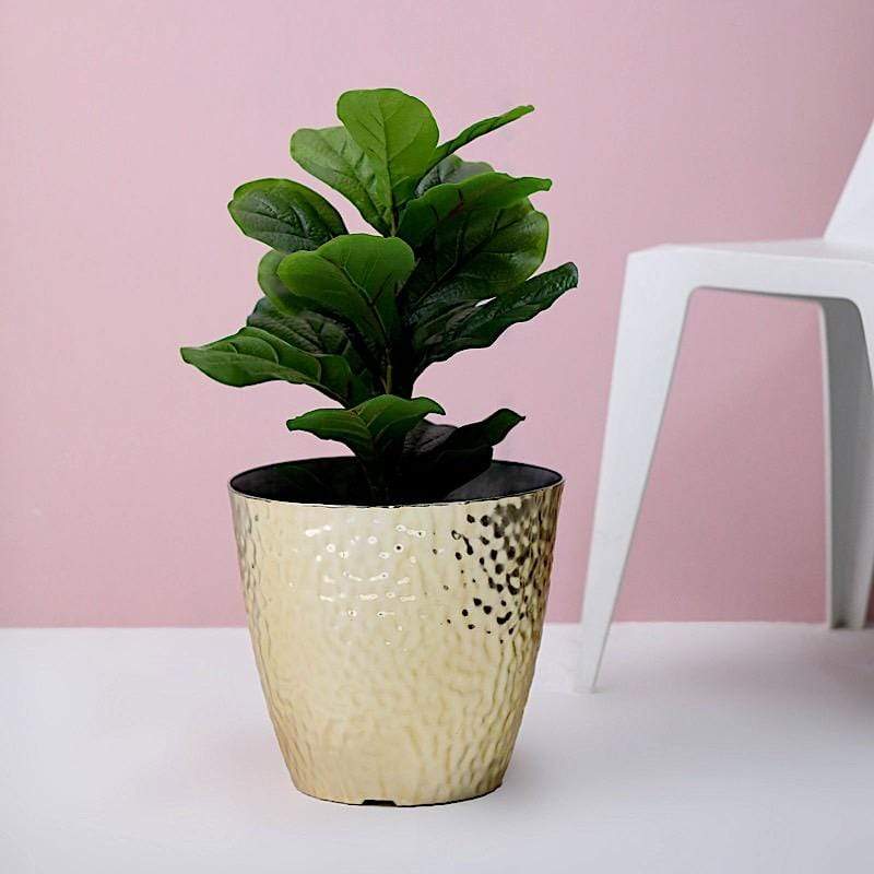 11 in tall Round Plastic Flower Plant Pot with Metallic Hammered Design