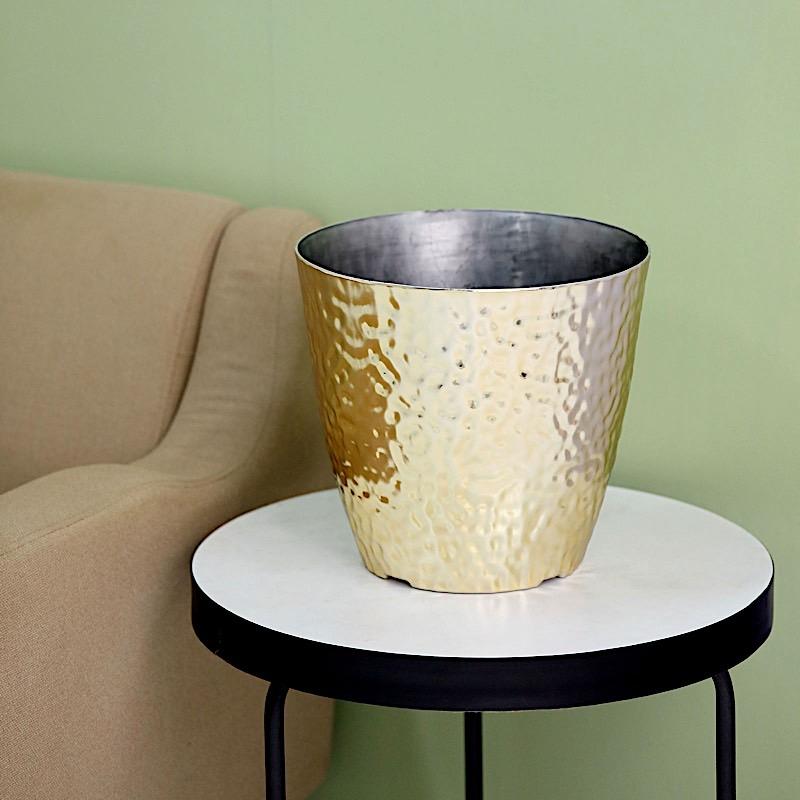 11 in tall Round Plastic Flower Plant Pot with Metallic Hammered Design