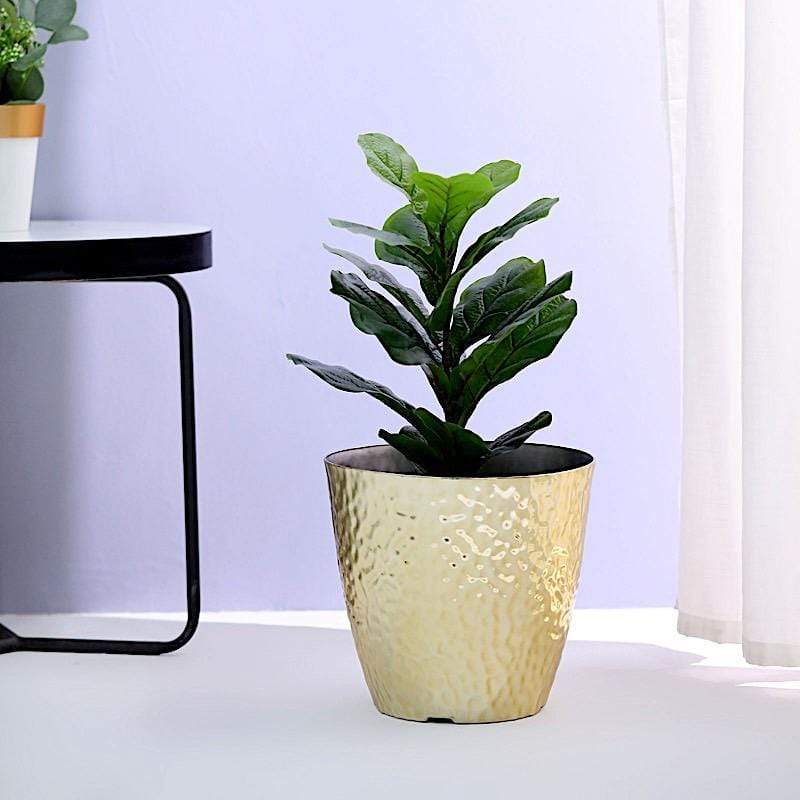 11 in tall Round Plastic Flower Plant Pot with Metallic Hammered Design