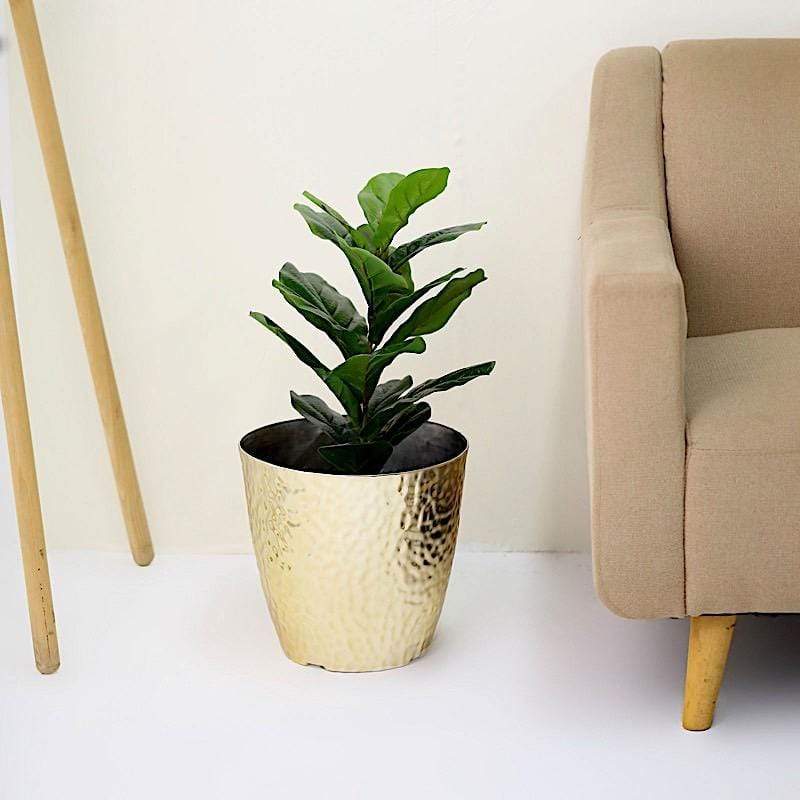 11 in tall Round Plastic Flower Plant Pot with Metallic Hammered Design