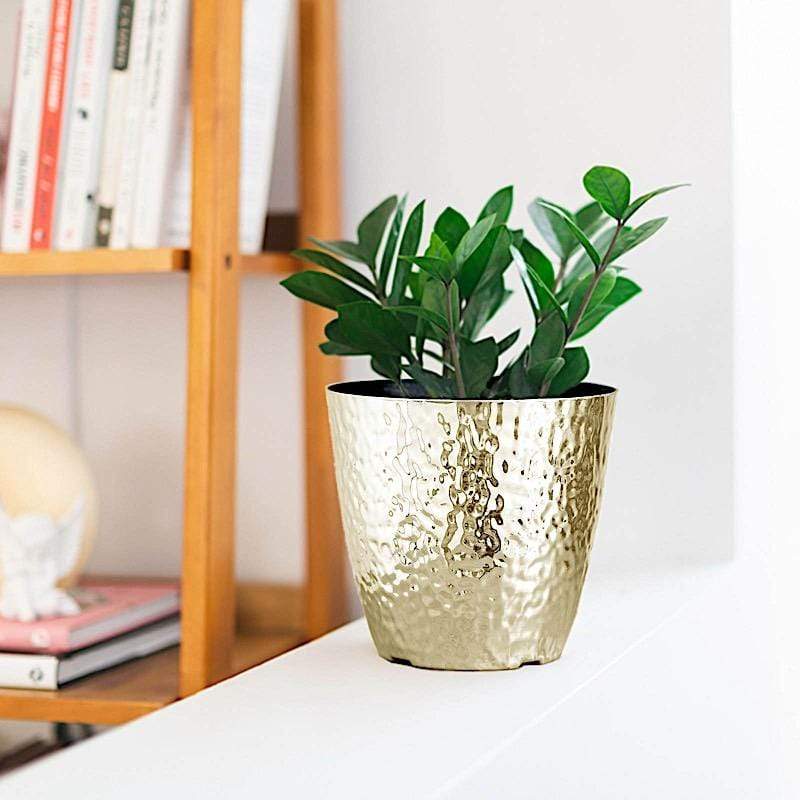 11 in tall Round Plastic Flower Plant Pot with Metallic Hammered Design