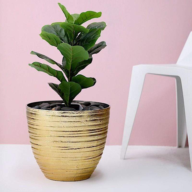 12 in tall Round Metallic Plastic Flower Plant Pot with Horizontal Lines Design