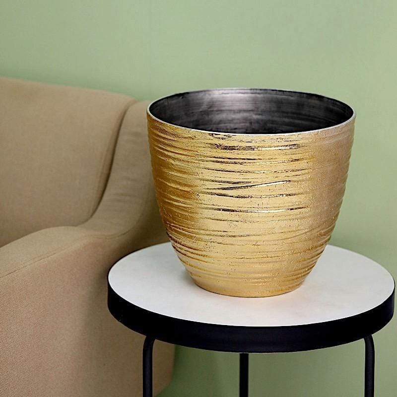 12 in tall Round Metallic Plastic Flower Plant Pot with Horizontal Lines Design