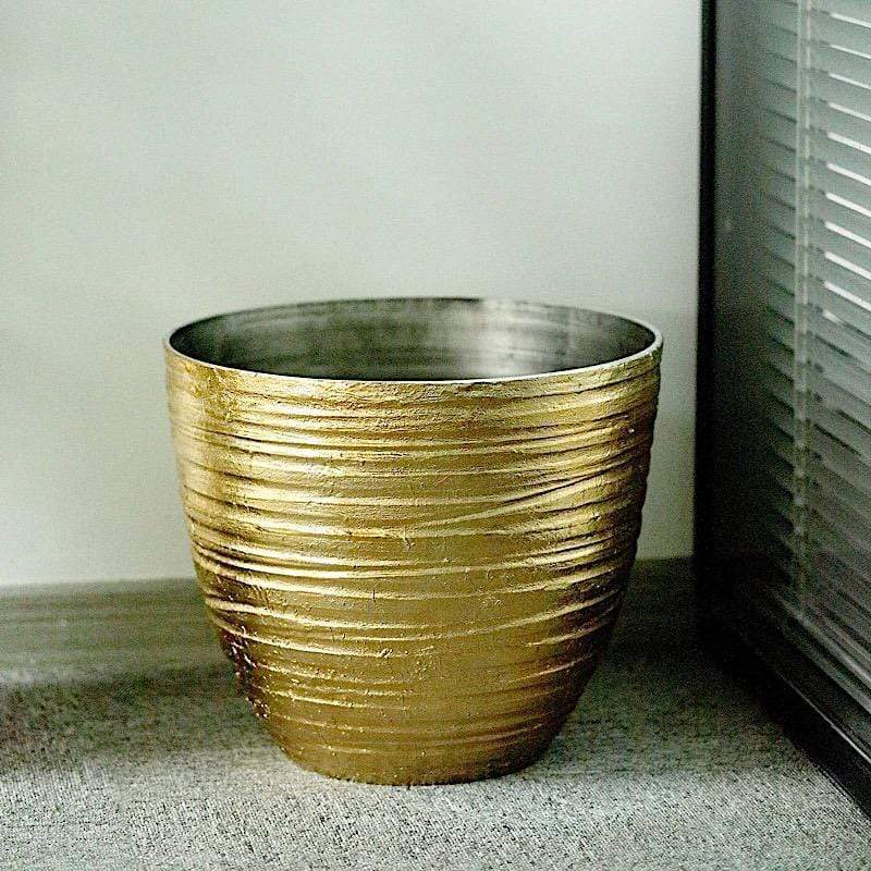 12 in tall Round Metallic Plastic Flower Plant Pot with Horizontal Lines Design