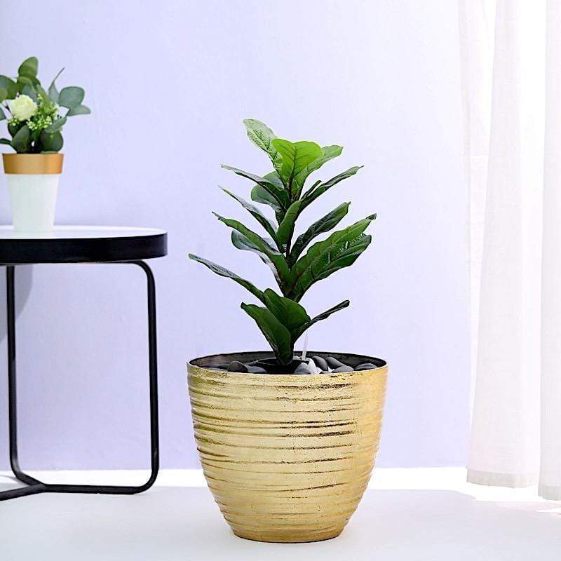12 in tall Round Metallic Plastic Flower Plant Pot with Horizontal Lines Design