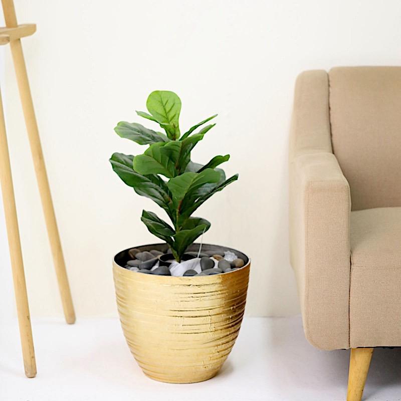 12 in tall Round Metallic Plastic Flower Plant Pot with Horizontal Lines Design