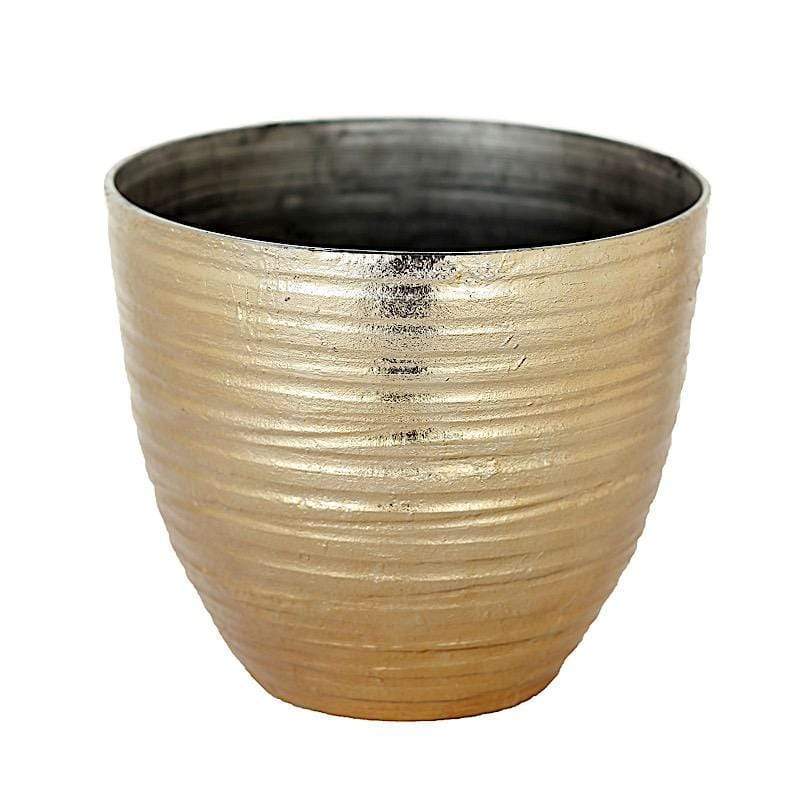 12 in tall Round Metallic Plastic Flower Plant Pot with Horizontal Lines Design