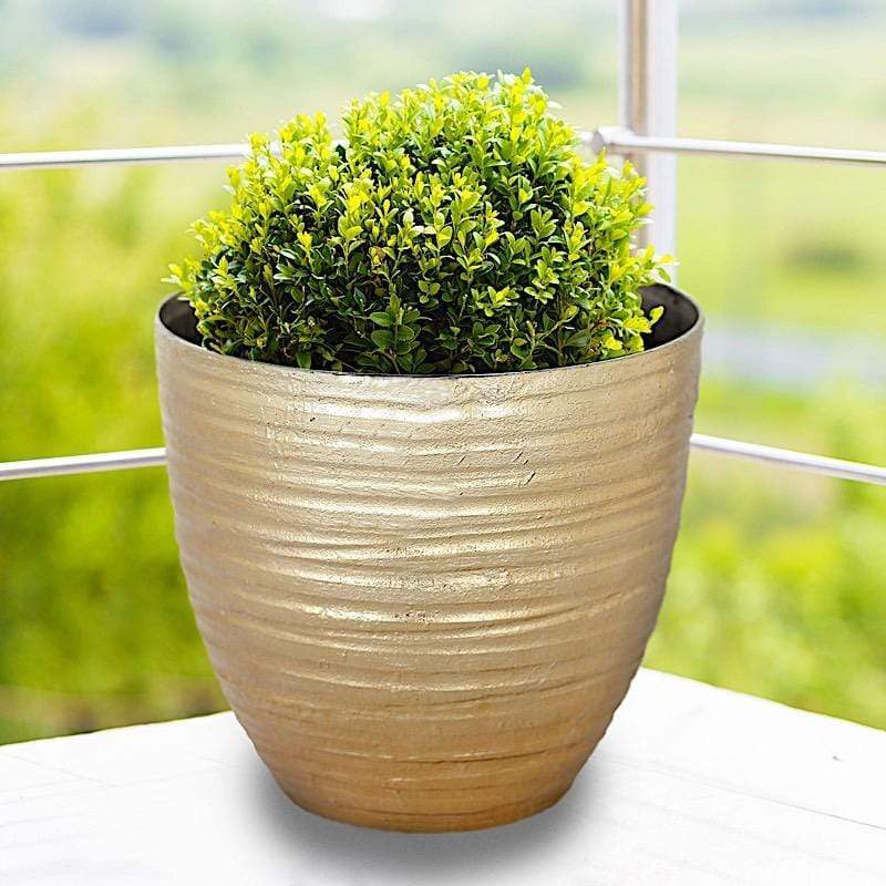 12 in tall Round Metallic Plastic Flower Plant Pot with Horizontal Lines Design