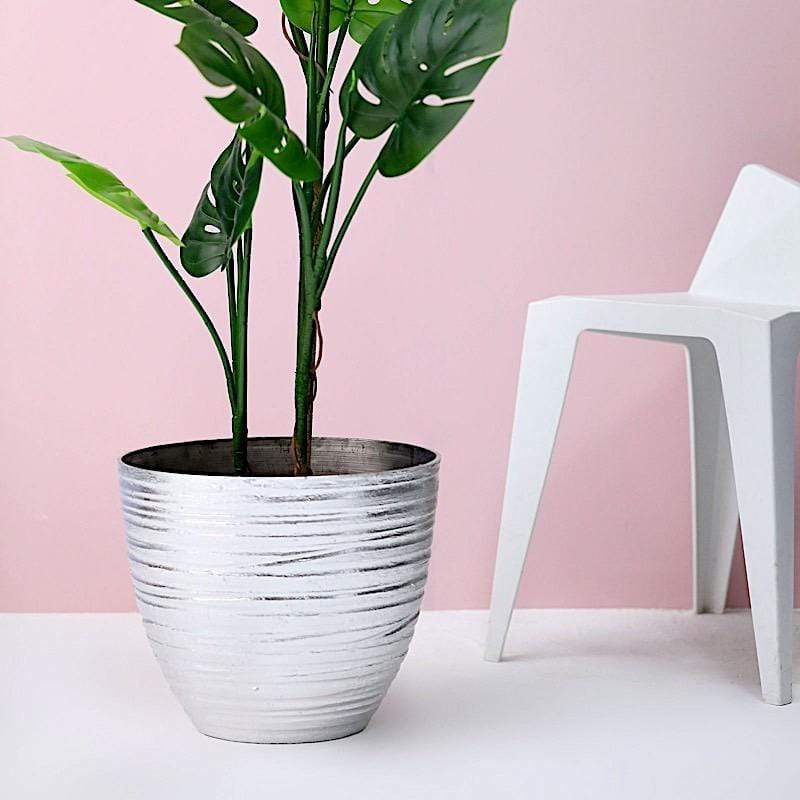 12 in tall Round Metallic Plastic Flower Plant Pot with Horizontal Lines Design