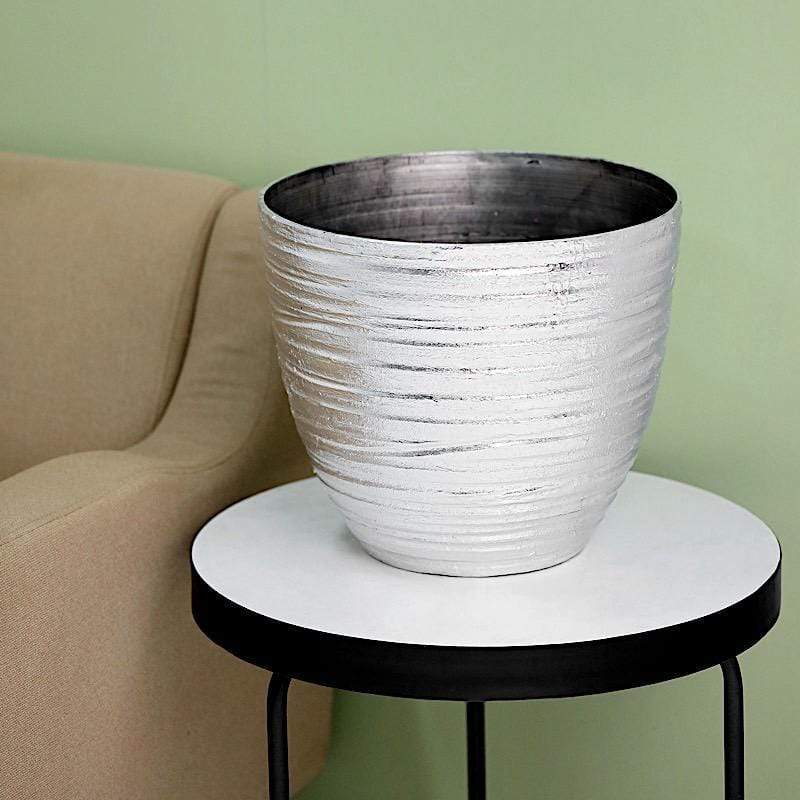 12 in tall Round Metallic Plastic Flower Plant Pot with Horizontal Lines Design
