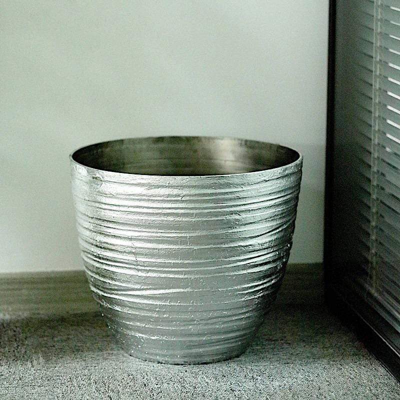 12 in tall Round Metallic Plastic Flower Plant Pot with Horizontal Lines Design