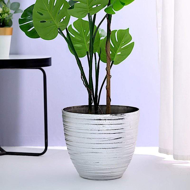 12 in tall Round Metallic Plastic Flower Plant Pot with Horizontal Lines Design