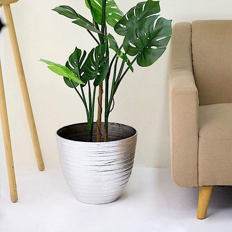12 in tall Round Metallic Plastic Flower Plant Pot with Horizontal Lines Design