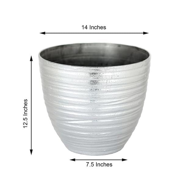 12 in tall Round Metallic Plastic Flower Plant Pot with Horizontal Lines Design