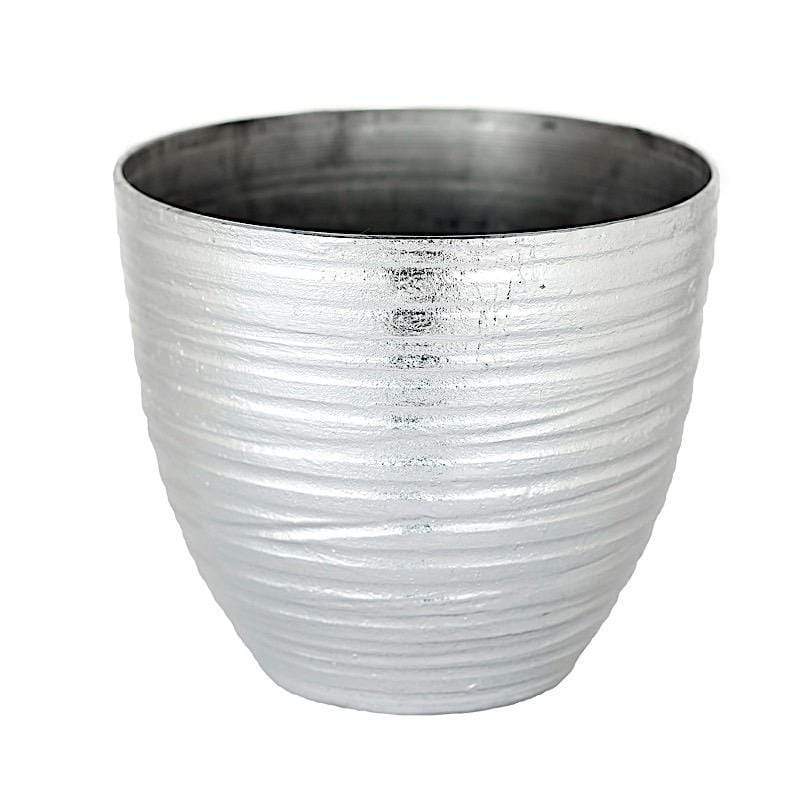 12 in tall Round Metallic Plastic Flower Plant Pot with Horizontal Lines Design