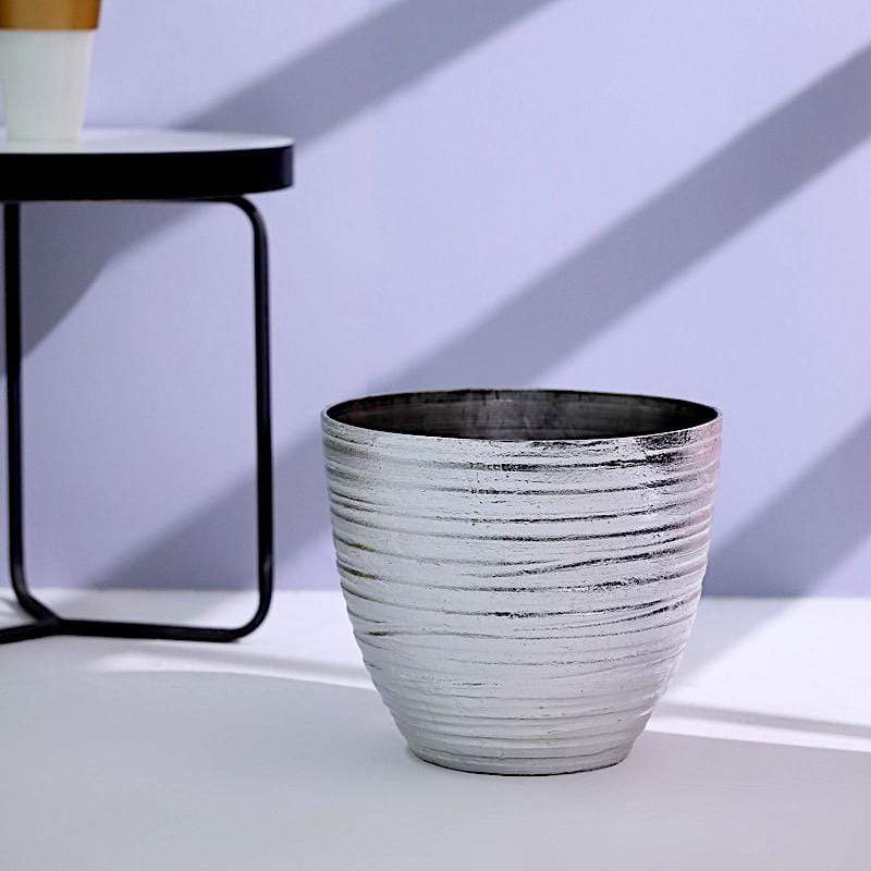 12 in tall Round Metallic Plastic Flower Plant Pot with Horizontal Lines Design