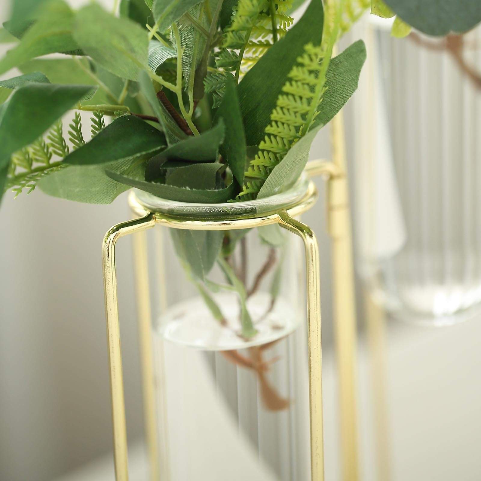 14 in long 5 Gold Jointed Geometric Flower Vase Holders with Glass Test Tubes