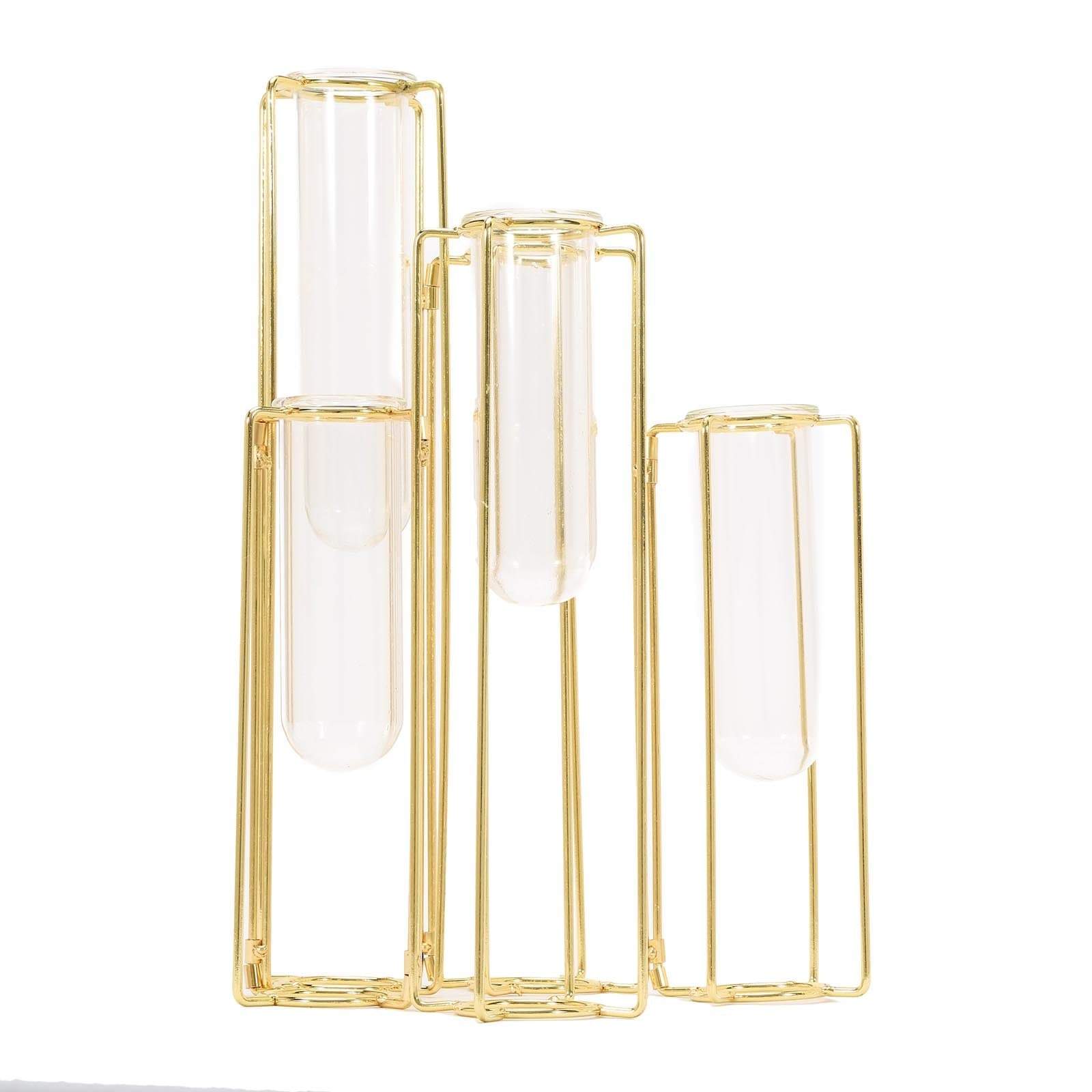 14 in long 5 Gold Jointed Geometric Flower Vase Holders with Glass Test Tubes