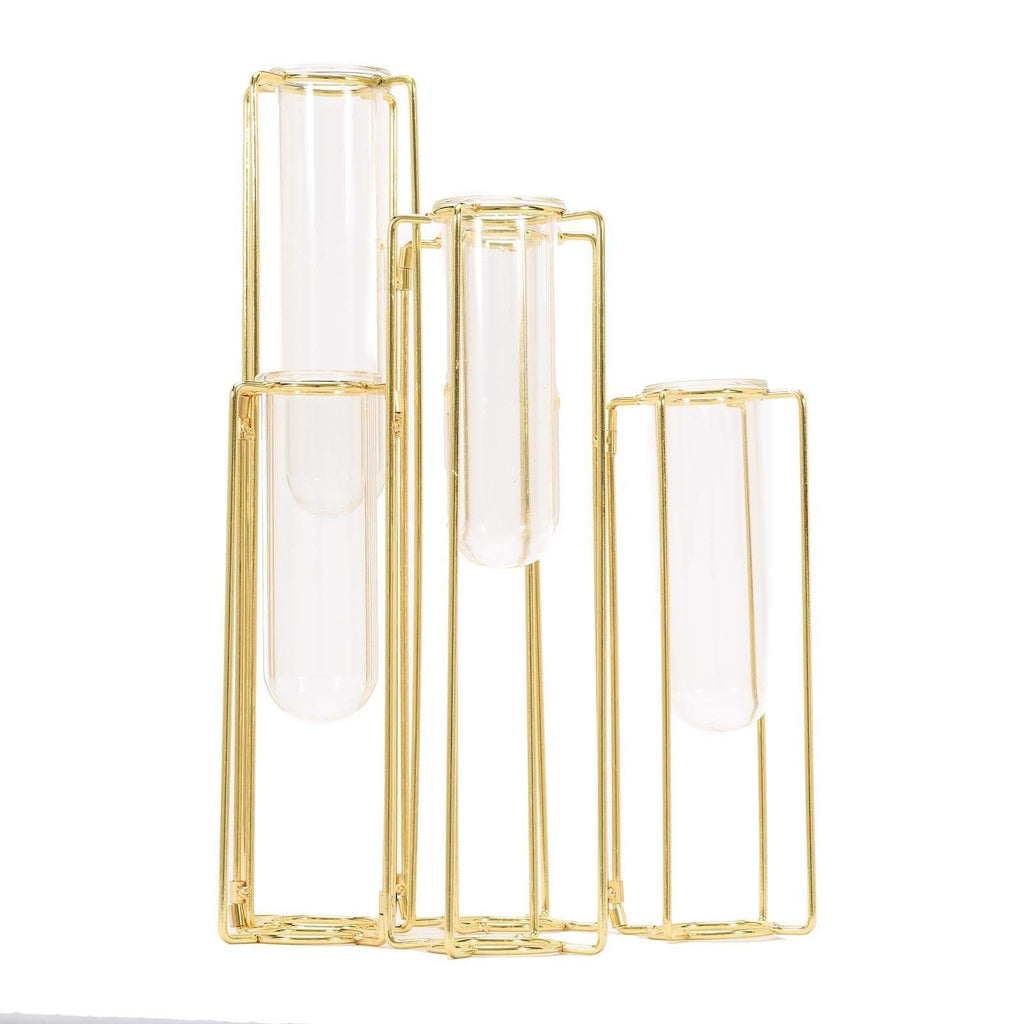 14 in long 5 Gold Jointed Geometric Flower Vase Holders with Glass Test Tubes