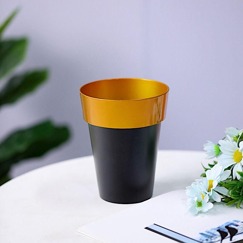 plastic tall plant pots 2-Pack Plastic Flower Plant Pots 6" Medium Black With Gold Rim | Indoor Decorative Planters