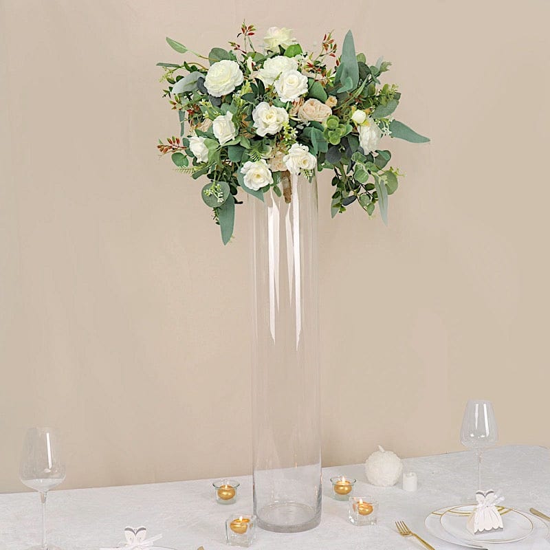 2 Clear Tall Round Cylinder Glass Flower Vases Table Centerpieces