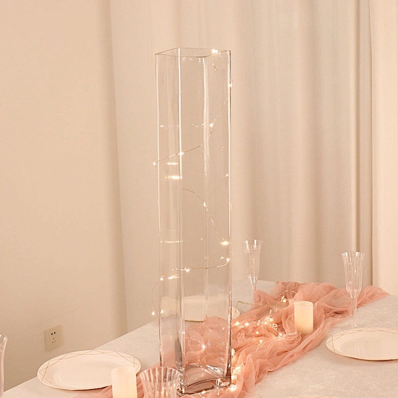 2 Clear Tall Square Cylinder Glass Flower Vases Table Centerpieces