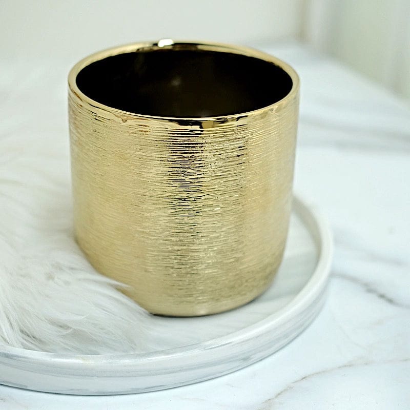 gold ceramic plant pot 2-Pack Ceramic Flower Plant Pots 5" Round Textured Design Metallic Gold