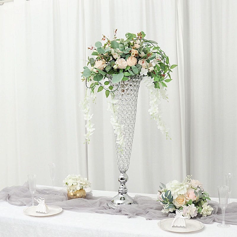2 Metal 32 in tall Crystal Beaded Metal Trumpet Vases Centerpieces