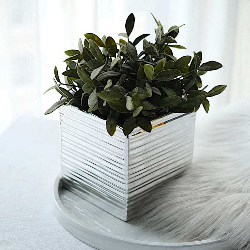 2 Metallic 5 in Square Ceramic Cube Planter Boxes Flower Plant Pots