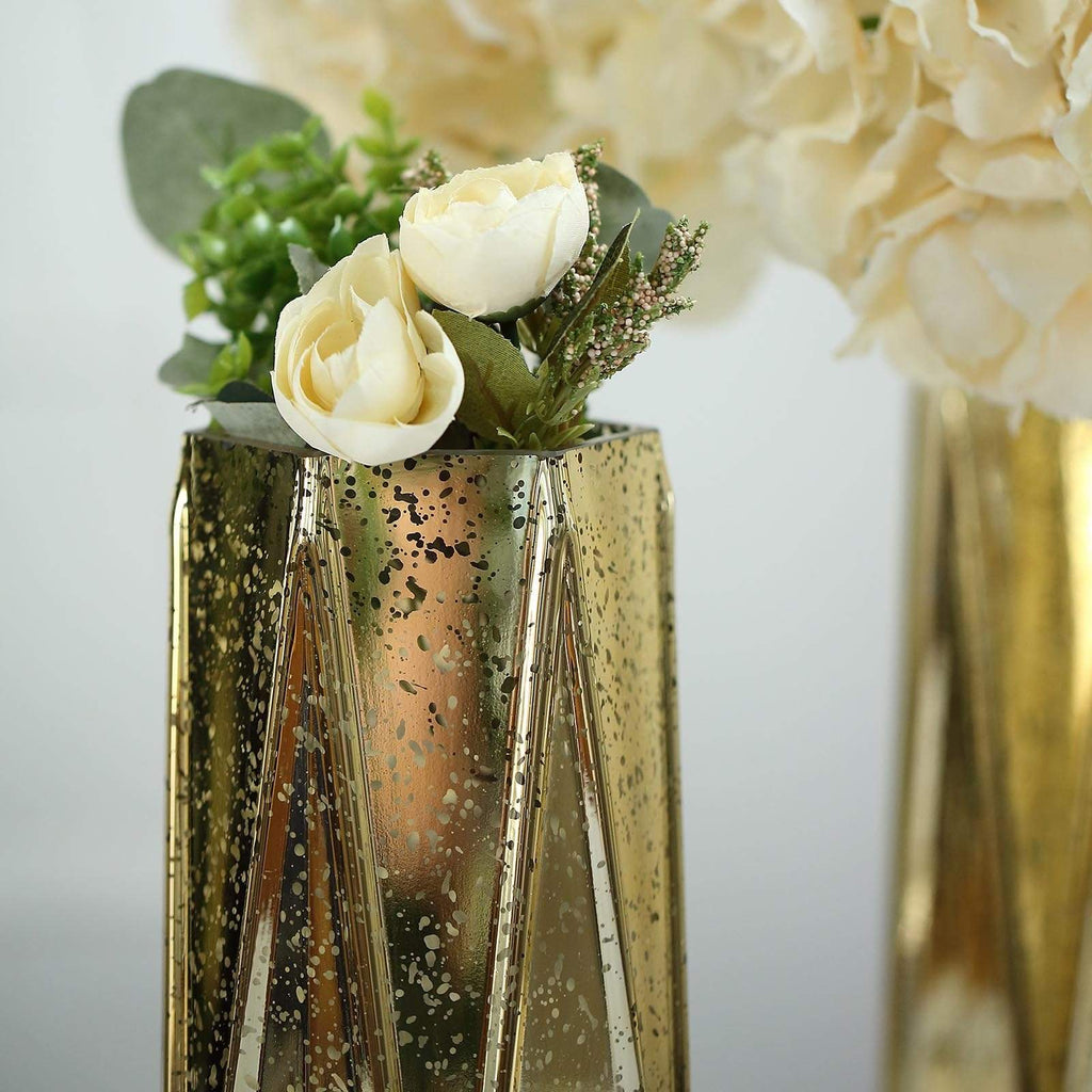 2 pcs 11 in tall Gold Geometric Mercury Glass Vases Centerpieces