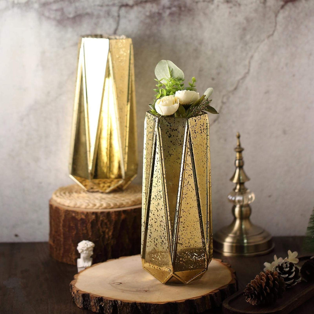 2 pcs 11 in tall Gold Geometric Mercury Glass Vases Centerpieces