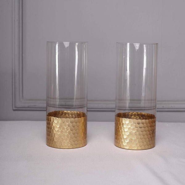 3 pcs 4 in tall Clear with Gold Honeycomb Trim Glass Cylinder Vases