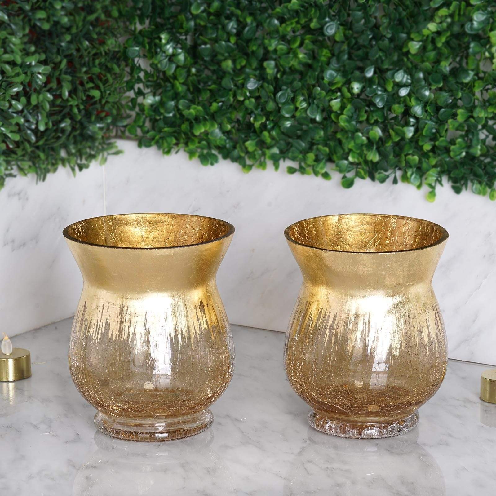 2 pcs 6 in tall Gold Crackle Glass Candle Holders Vases
