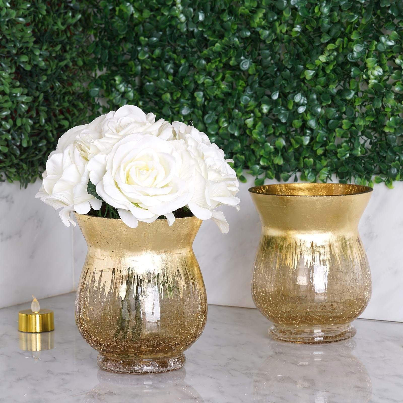 2 pcs 6 in tall Gold Crackle Glass Candle Holders Vases