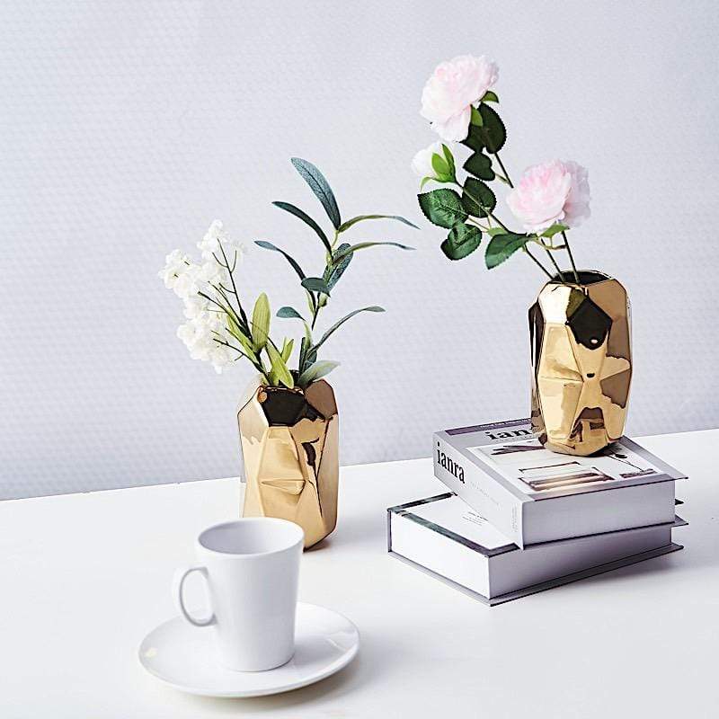 2 pcs 6 in tall Gold Geometric Cylinder Ceramic Vases Centerpieces