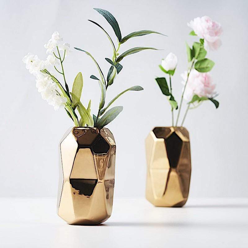 2 pcs 6 in tall Gold Geometric Cylinder Ceramic Vases Centerpieces