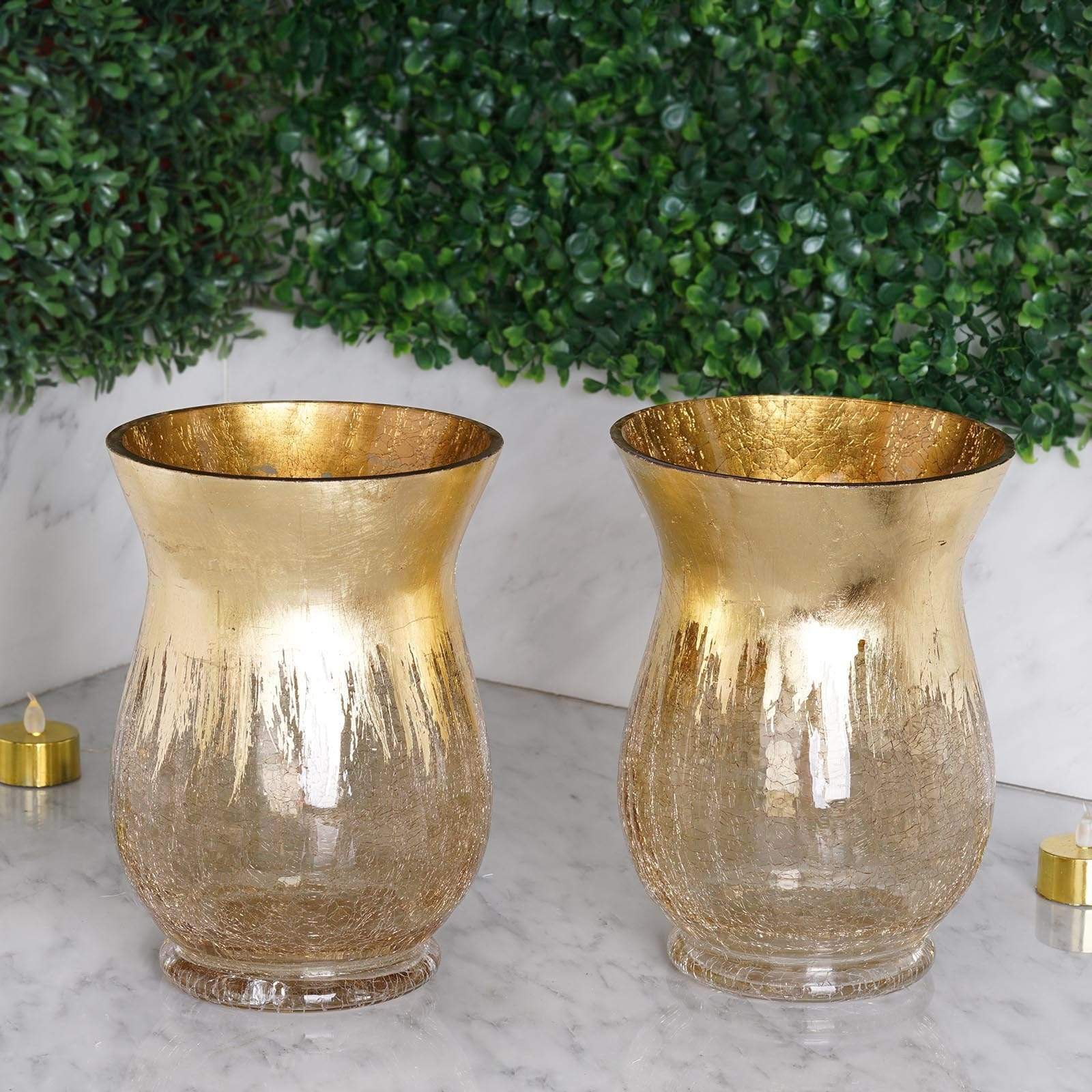 2 pcs 8 in tall Gold Crackle Glass Candle Holders Vases