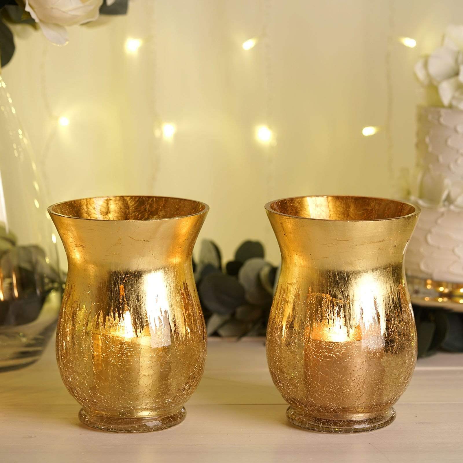 2 pcs 8 in tall Gold Crackle Glass Candle Holders Vases