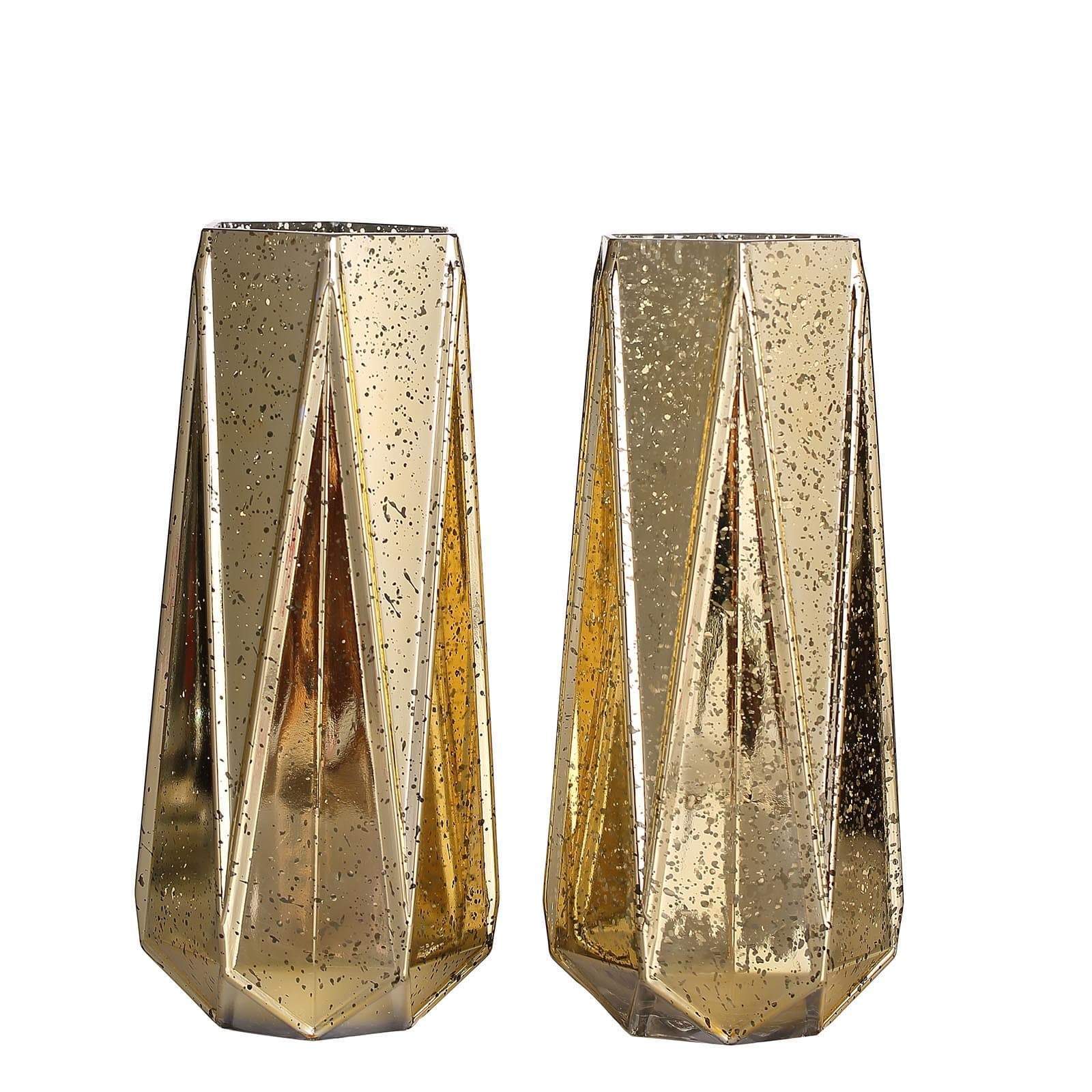 2 pcs 8 in tall Gold Geometric Mercury Glass Vases Centerpieces