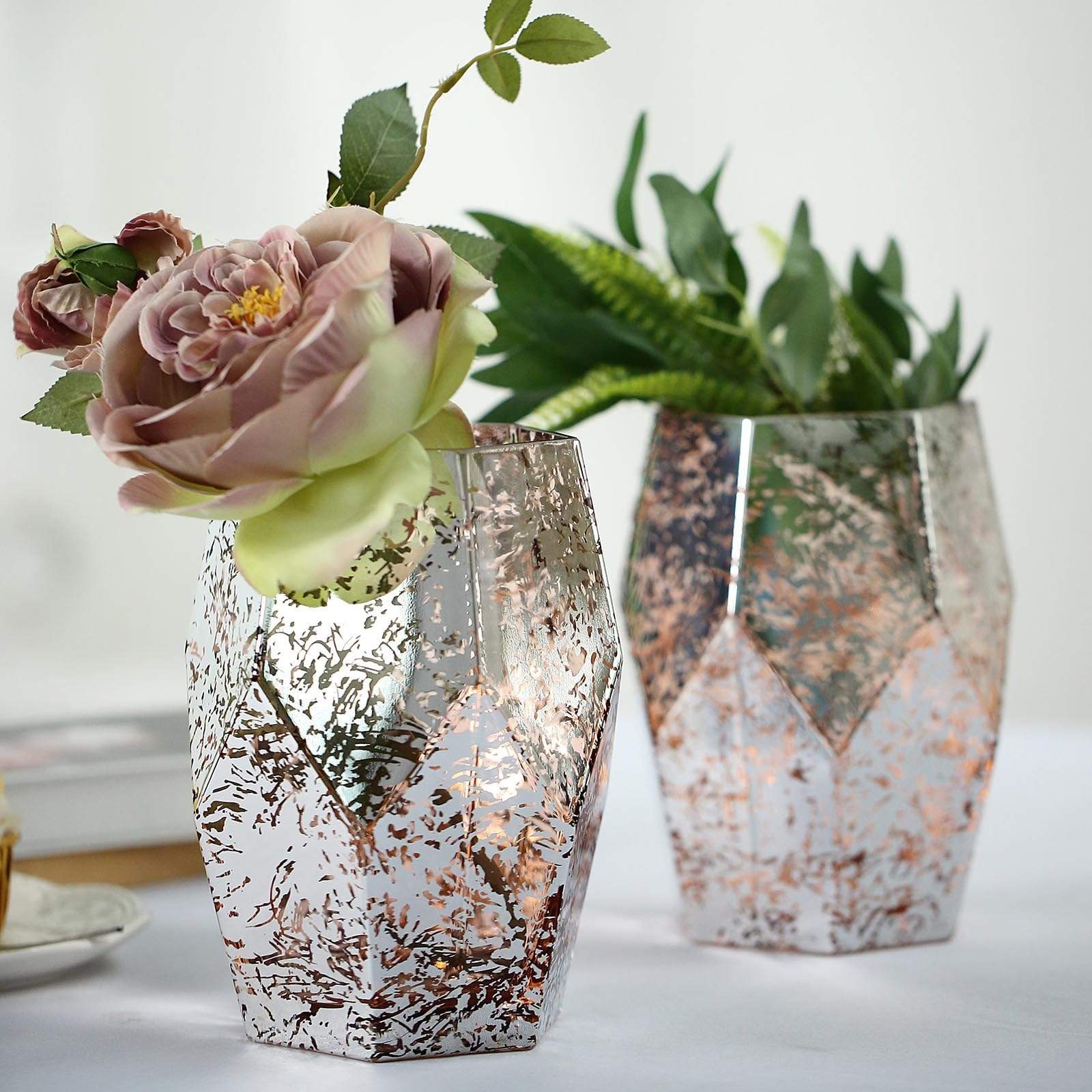 2 pcs 8 in tall Silver with Rose Gold Geometric Mercury Glass Candle Holders Vases Centerpieces