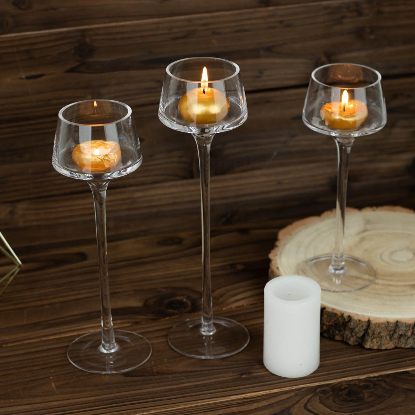 3 Crystal Clear Long Stem Glass Candle Holders Vases
