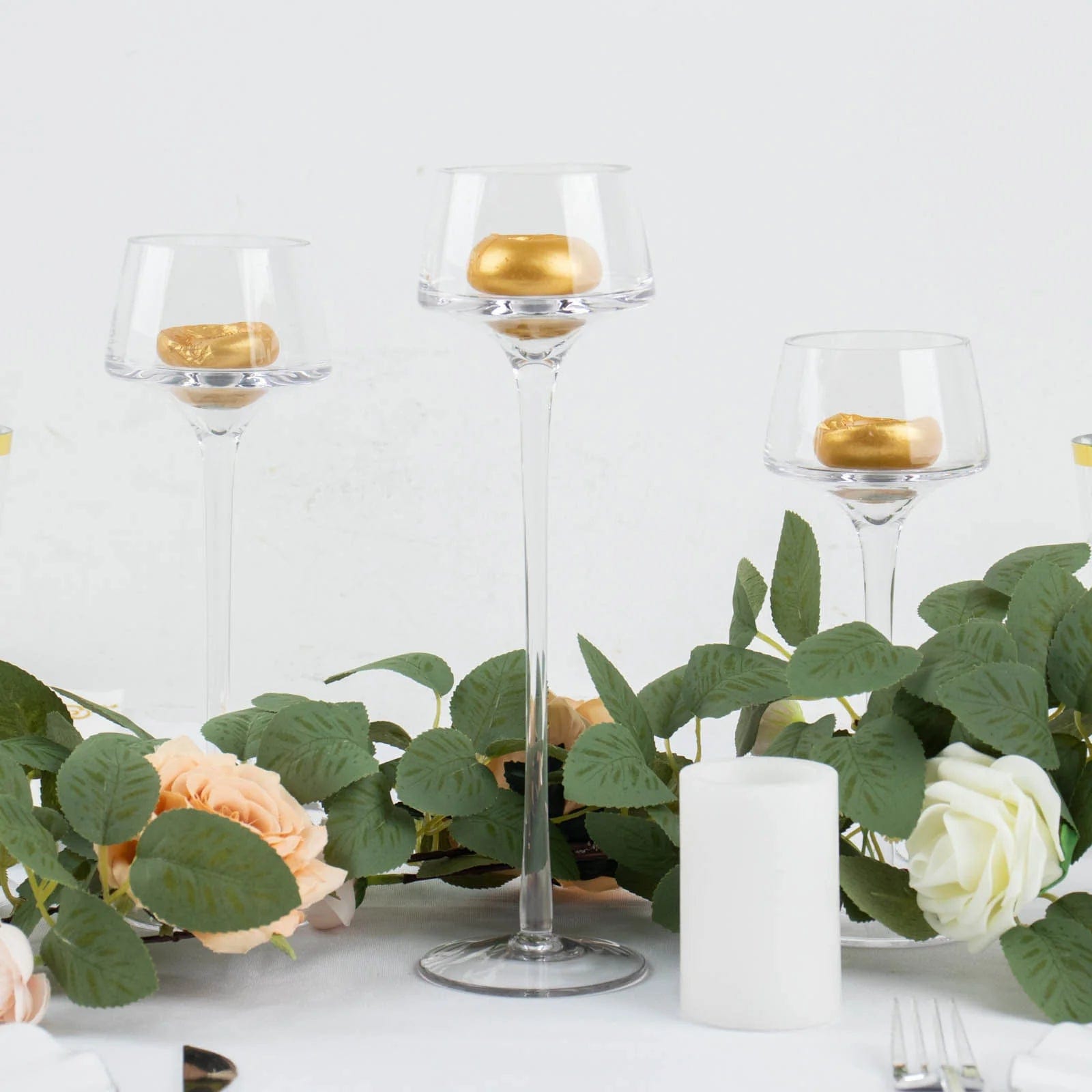 3 Crystal Clear Long Stem Glass Candle Holders Vases